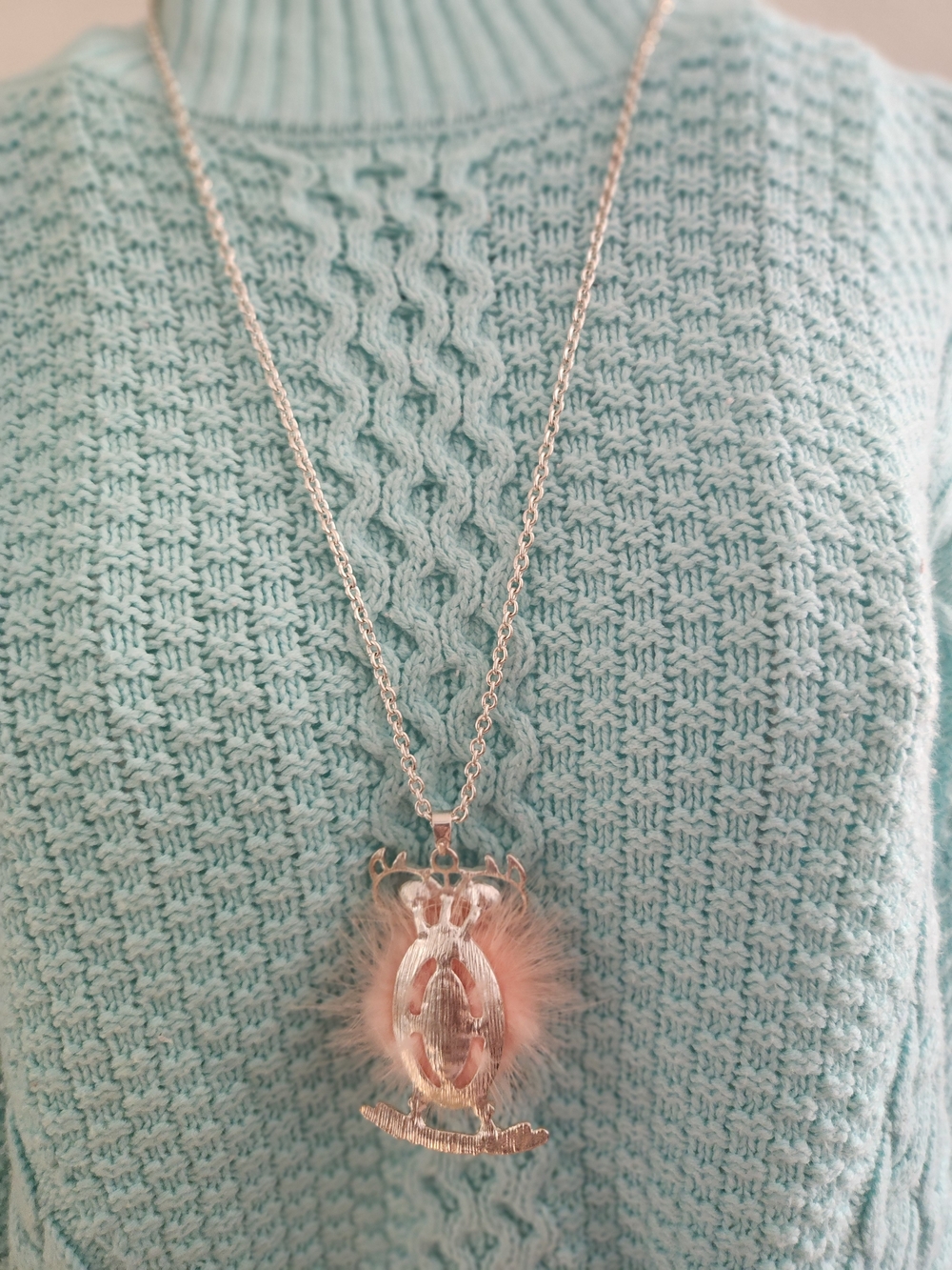 Y2K Aesthetic Pink Pom Pom Owl Pendant Necklace Silver Rhinestone Fluffy - Picture 2 of 6